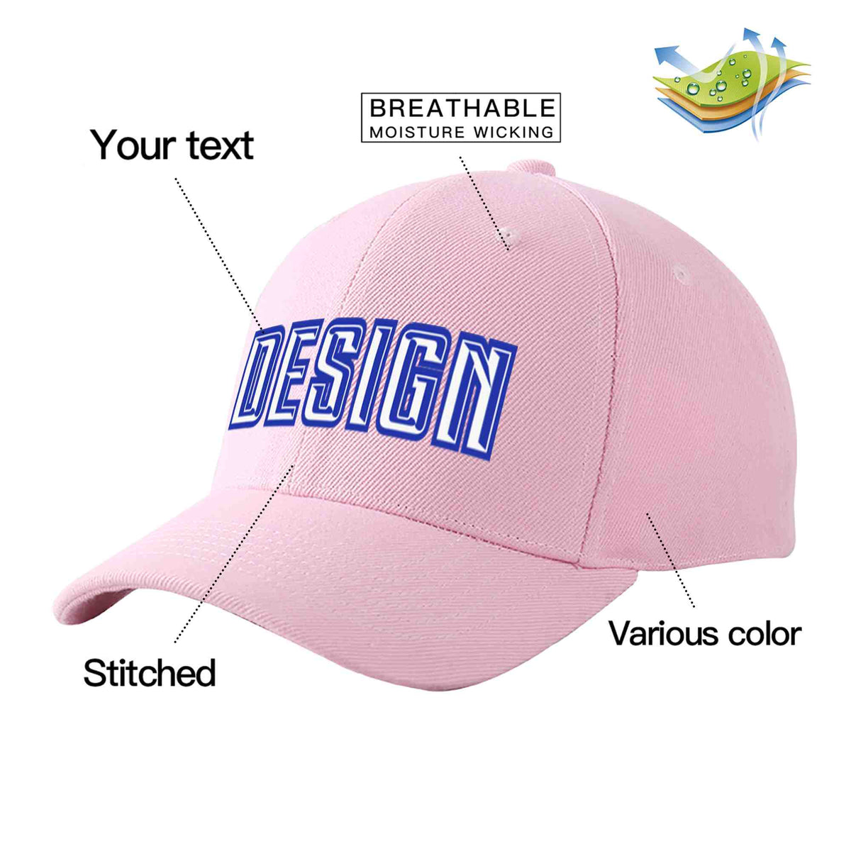 Custom Pink White-Royal Curved Eaves Sport Design Baseball Cap