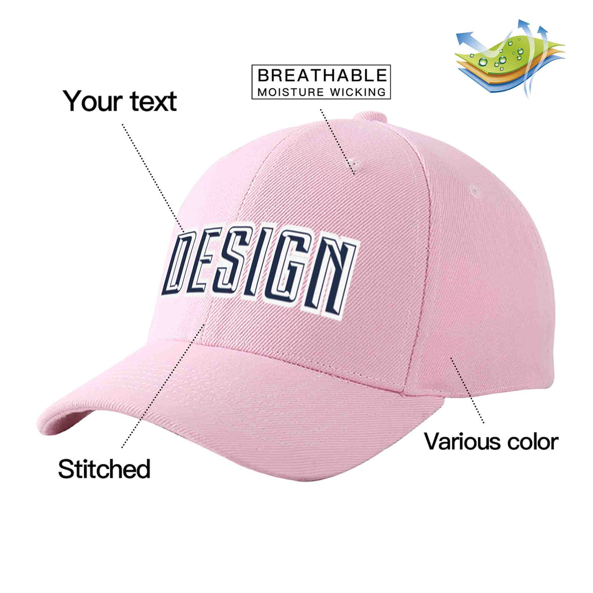 Custom Pink Navy-White Curved Eaves Sport Design Baseball Cap