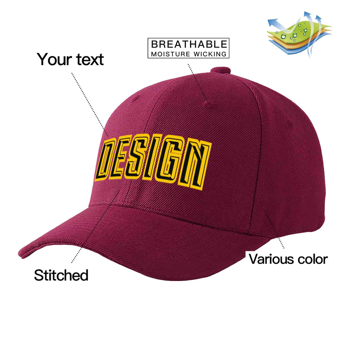 Custom Red Wine Black-Gold Curved Eaves Sport Design Baseball Cap