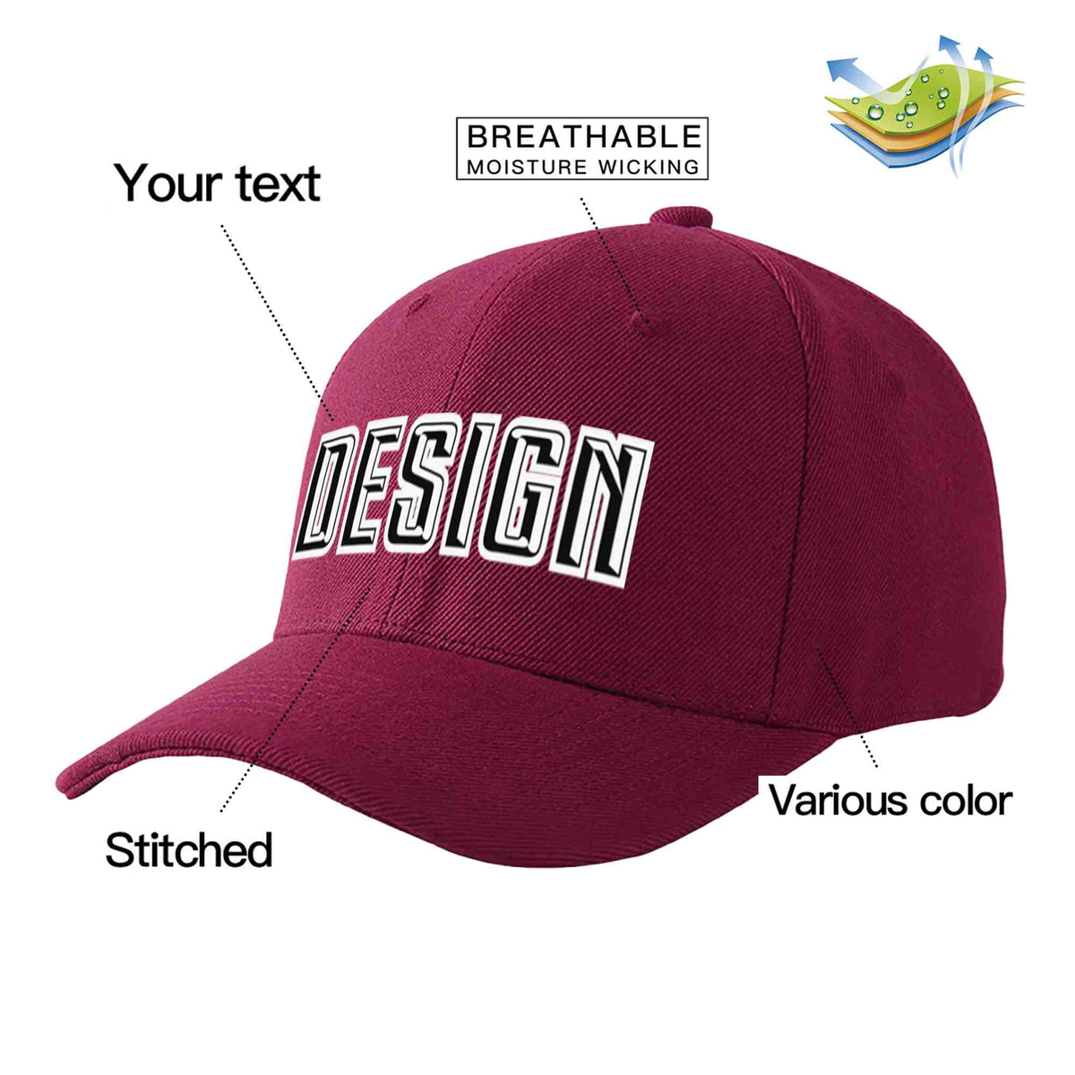Custom Red Wine Black-White Curved Eaves Sport Design Baseball Cap