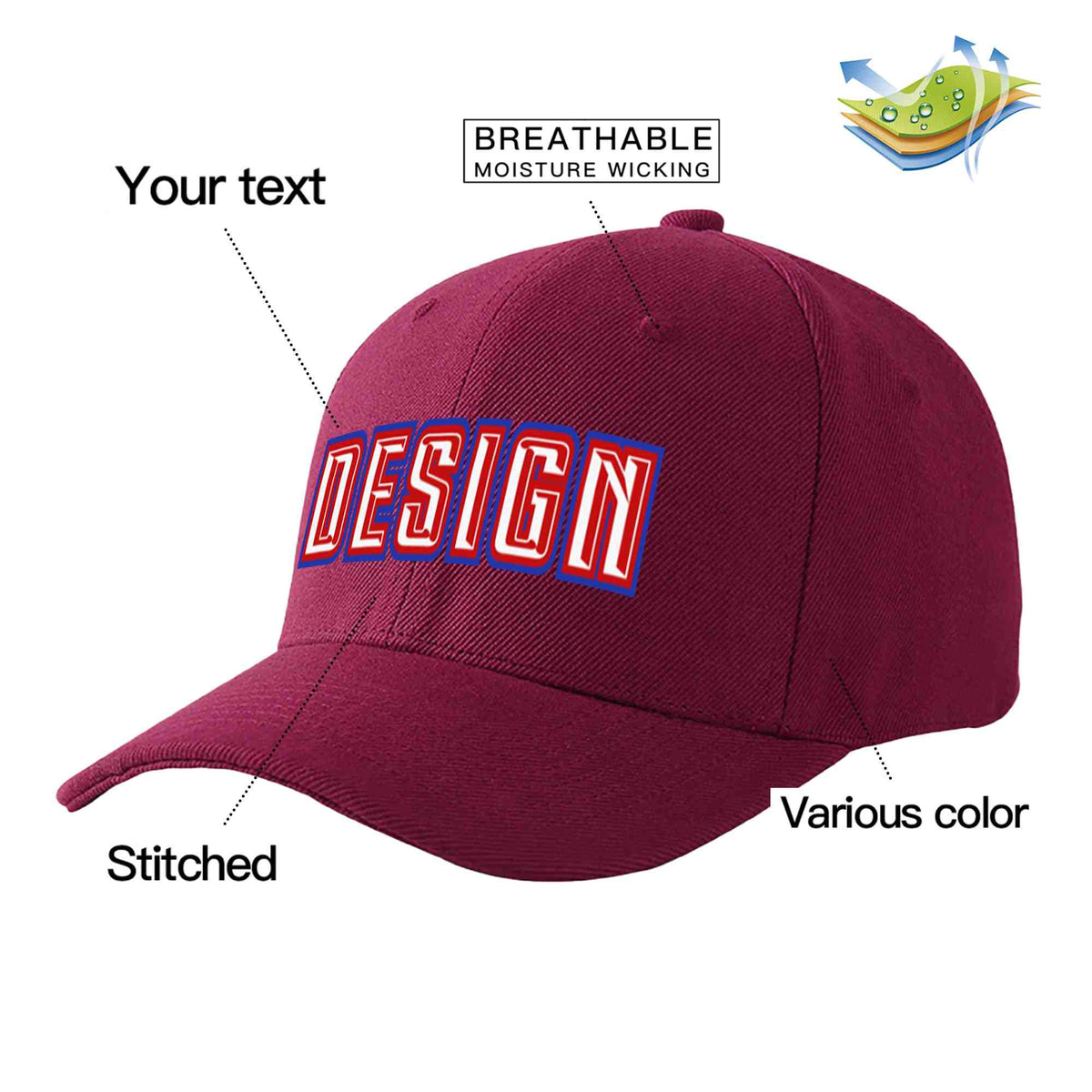 Custom Red Wine White-Red Curved Eaves Sport Design Baseball Cap