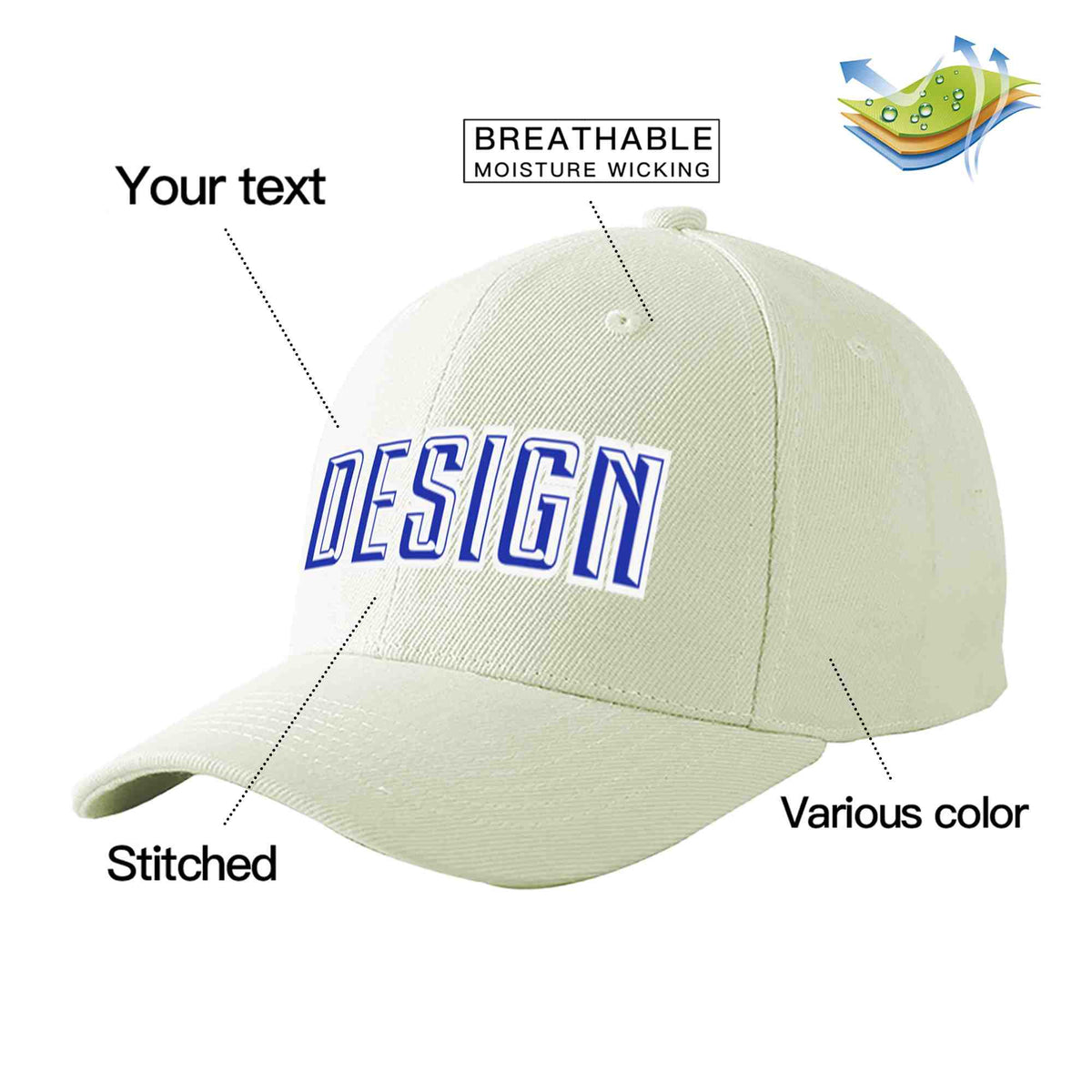 Custom Cream Royal-White Curved Eaves Sport Design Baseball Cap