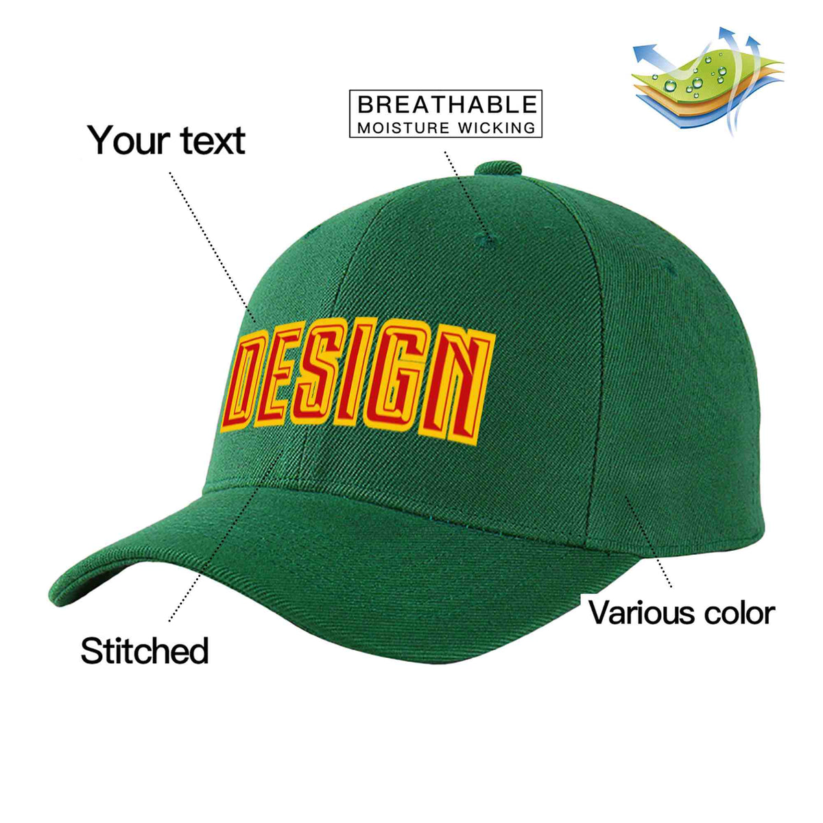 Custom Green Red-Yellow Curved Eaves Sport Design Baseball Cap