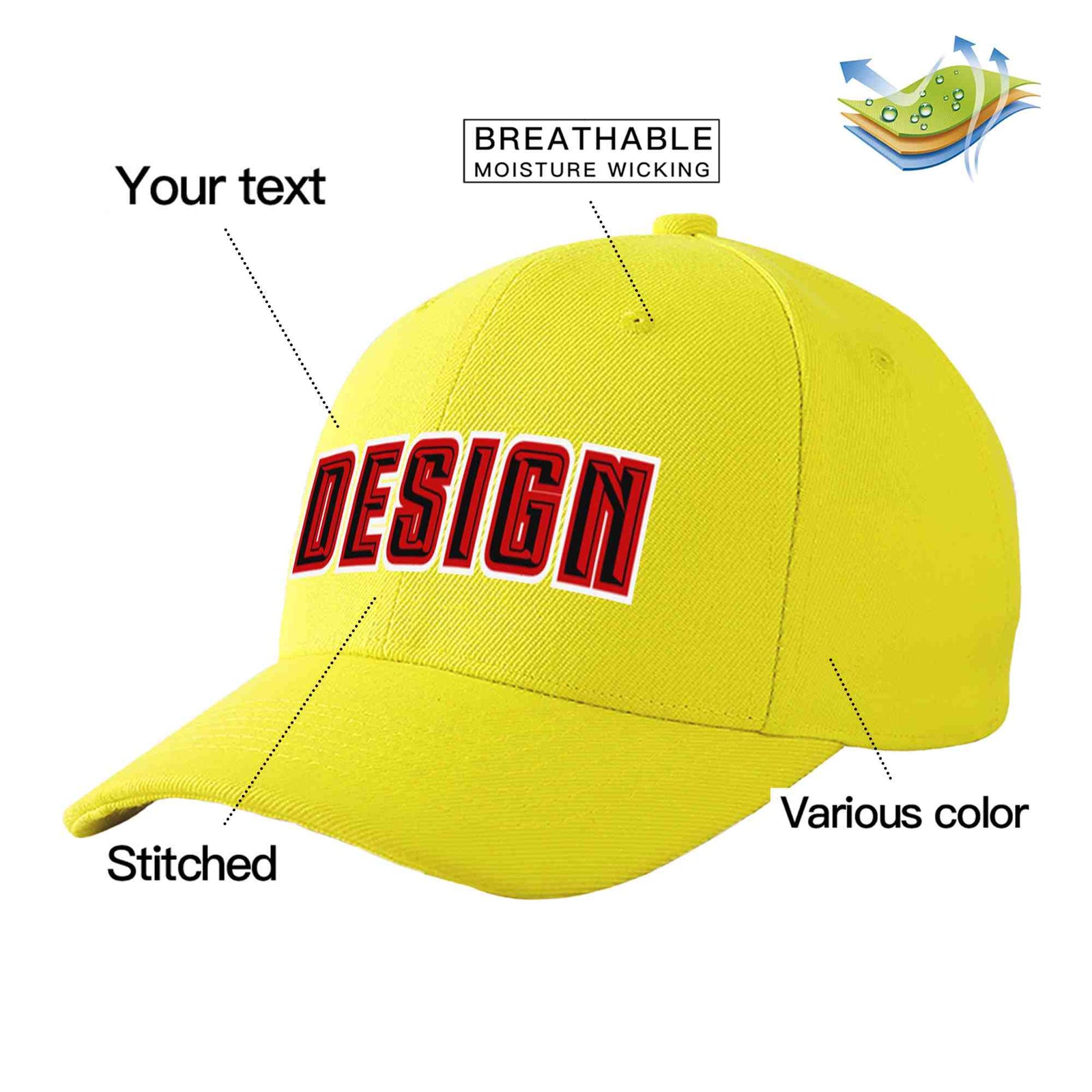 Custom Yellow Black-Red Curved Eaves Sport Design Baseball Cap