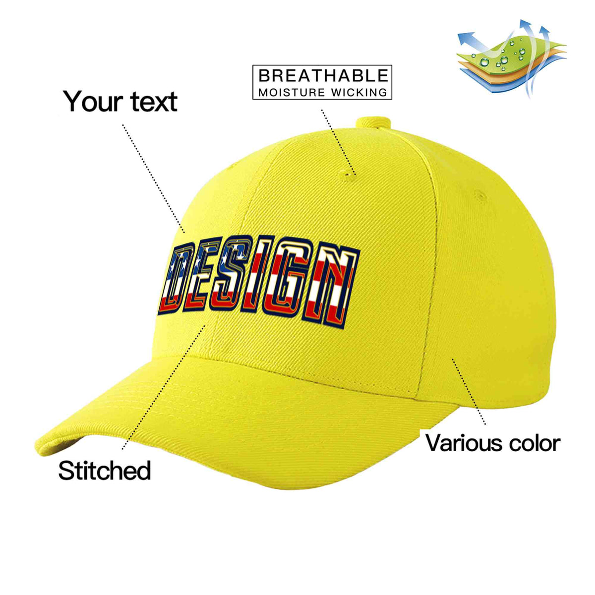 Custom Yellow Vintage USA Flag-Gold Curved Eaves Sport Design Baseball Cap
