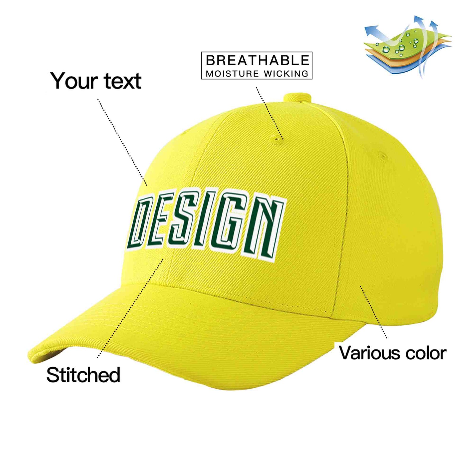 Custom Yellow Green-White Curved Eaves Sport Design Baseball Cap