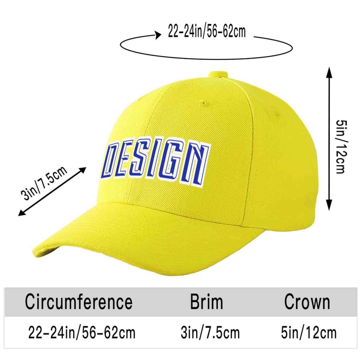 Custom Yellow White-Royal Curved Eaves Sport Design Baseball Cap