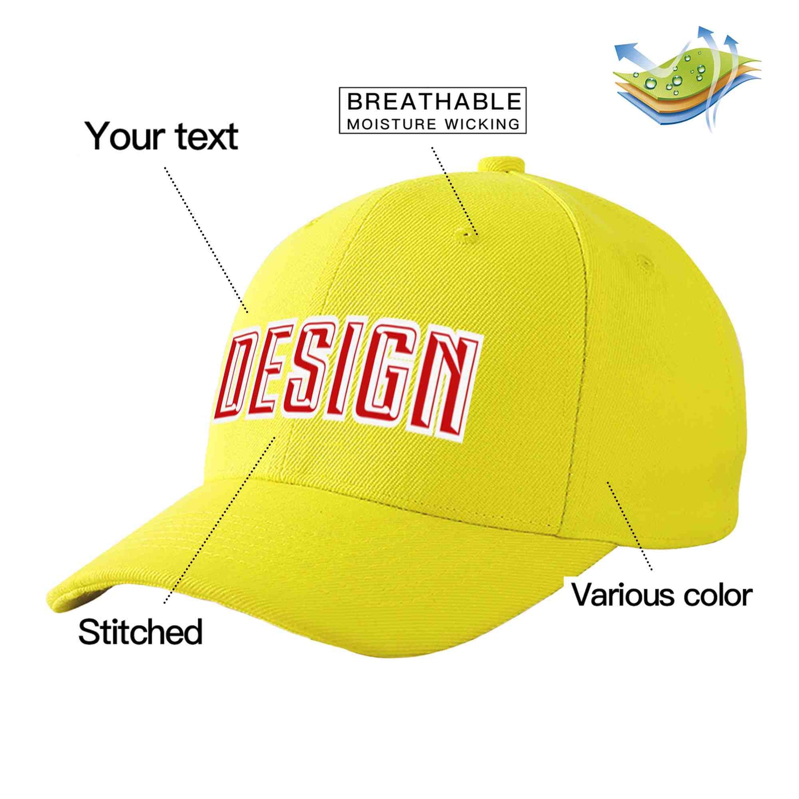 Custom Yellow Red-White Curved Eaves Sport Design Baseball Cap