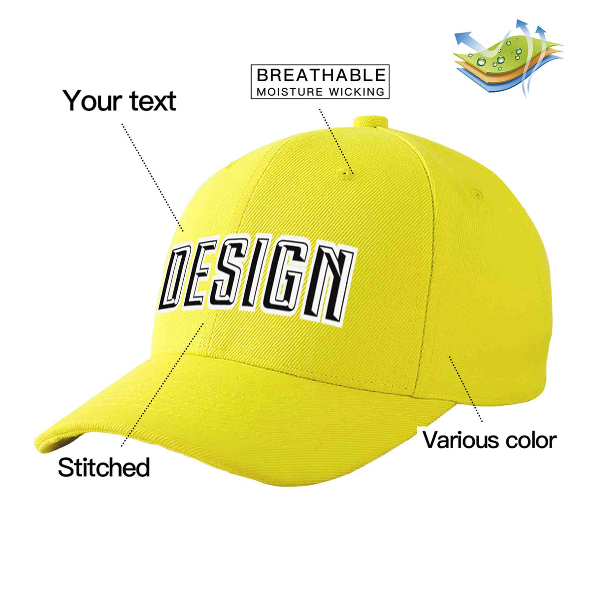 Custom Yellow Black-White Curved Eaves Sport Design Baseball Cap