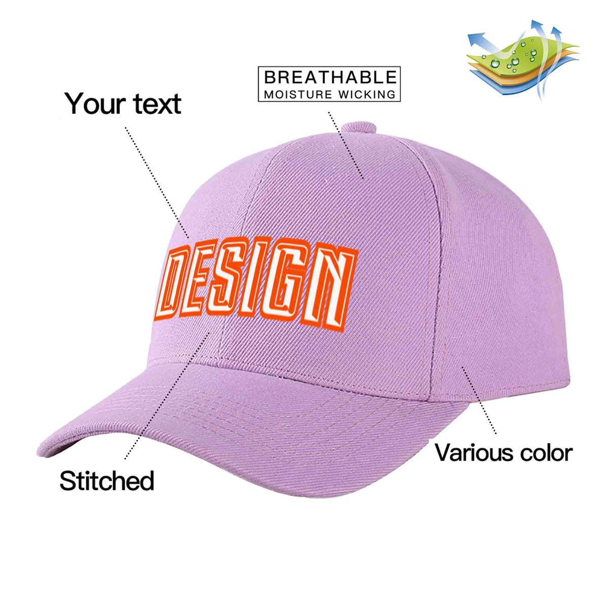 Custom Light Purple White-Orange Curved Eaves Sport Design Baseball Cap