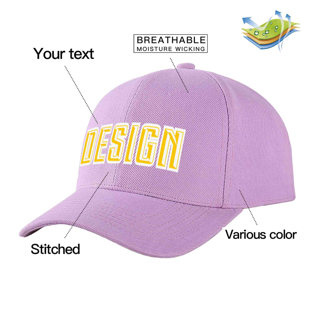 Custom Light Purple Gold-White Curved Eaves Sport Design Baseball Cap