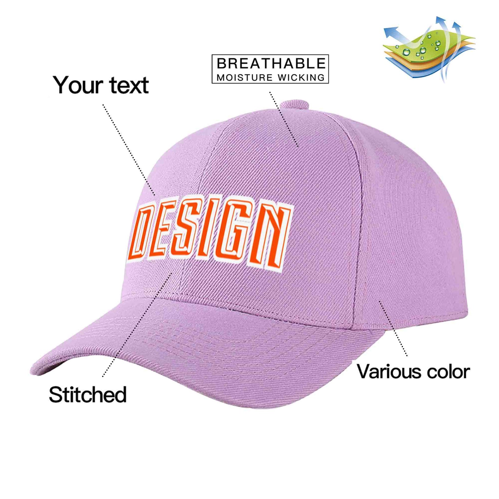 Custom Light Purple Orange-White Curved Eaves Sport Design Baseball Cap