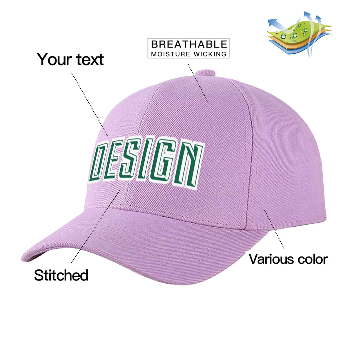 Custom Light Purple Kelly Green-White Curved Eaves Sport Design Baseball Cap