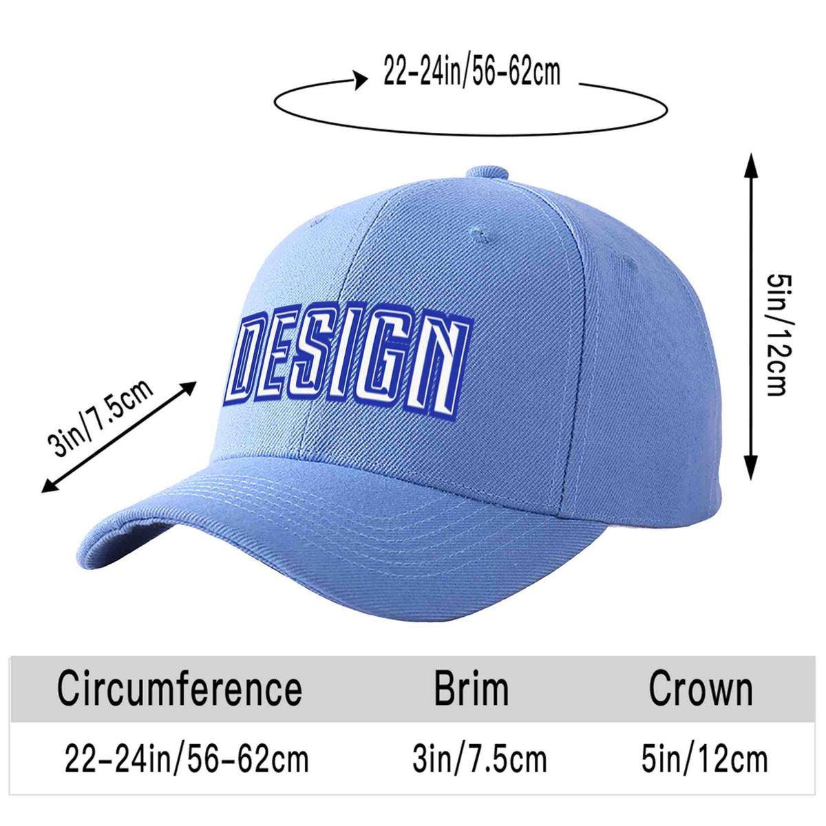 Custom Sky Blue White-Royal Curved Eaves Sport Design Baseball Cap
