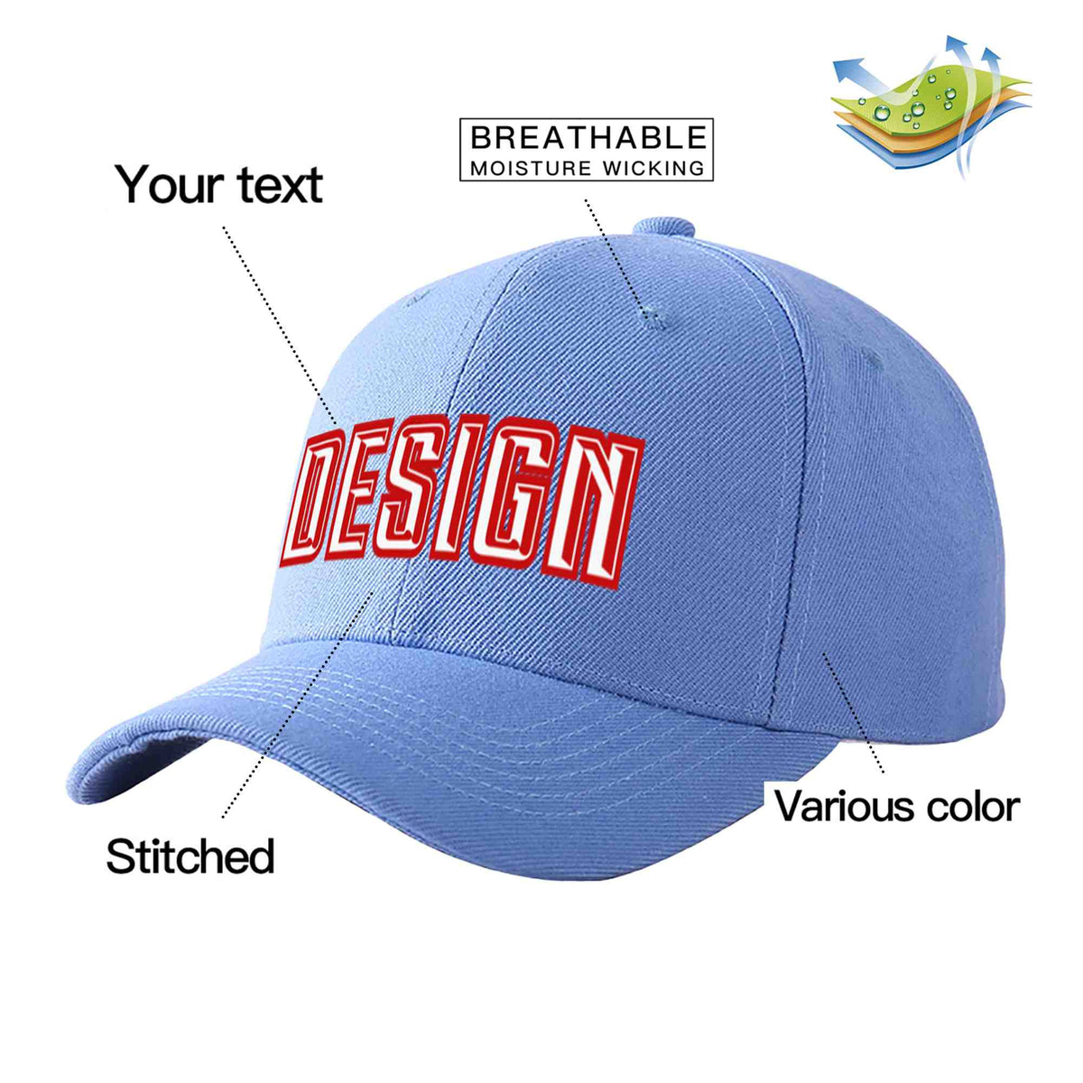 Custom Sky Blue White-Red Curved Eaves Sport Design Baseball Cap