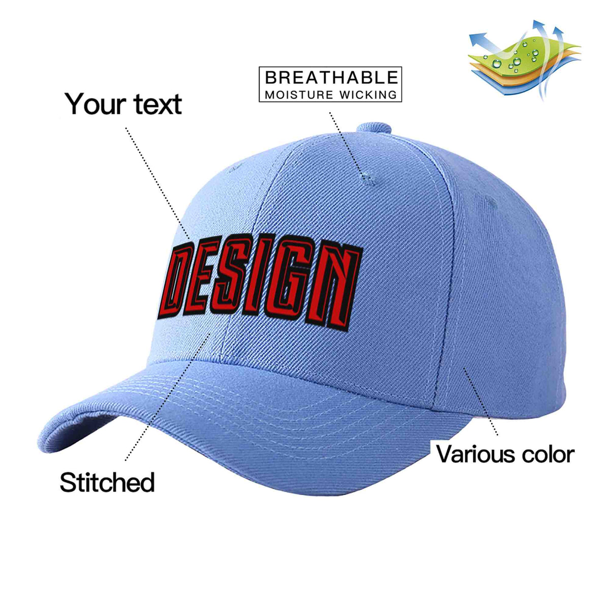 Custom Sky Blue Red-Black Curved Eaves Sport Design Baseball Cap