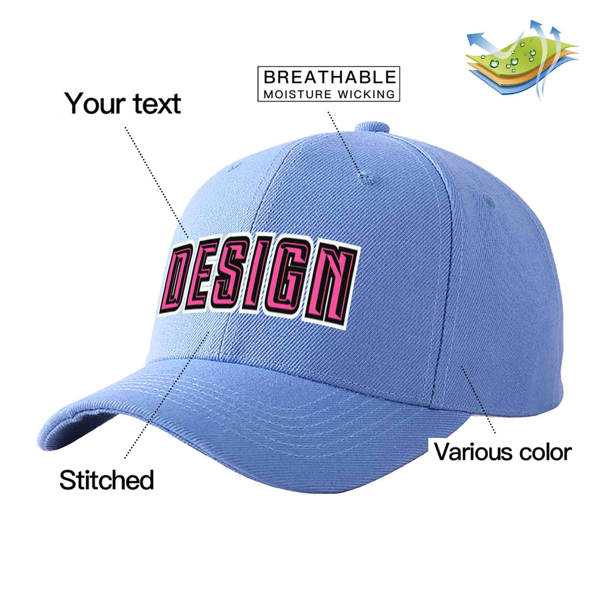 Custom Sky Blue Pink-Black Curved Eaves Sport Design Baseball Cap