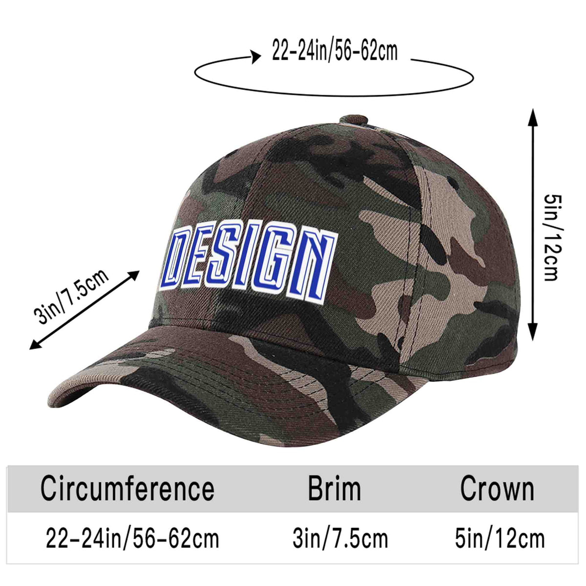Custom Camo Royal-White Curved Eaves Sport Design Baseball Cap