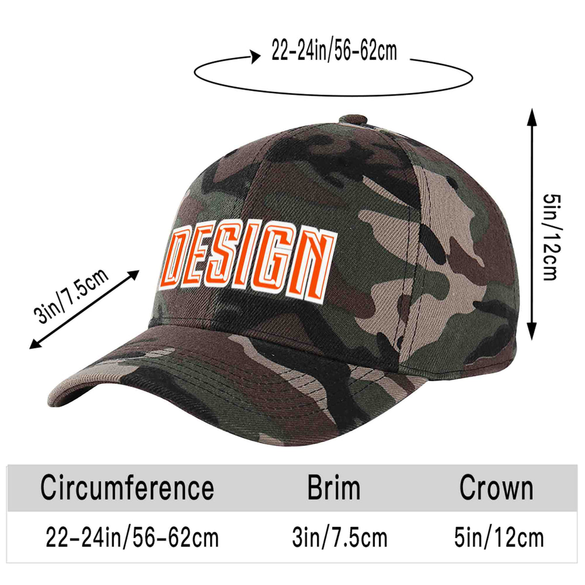Custom Camo Orange-White Curved Eaves Sport Design Baseball Cap