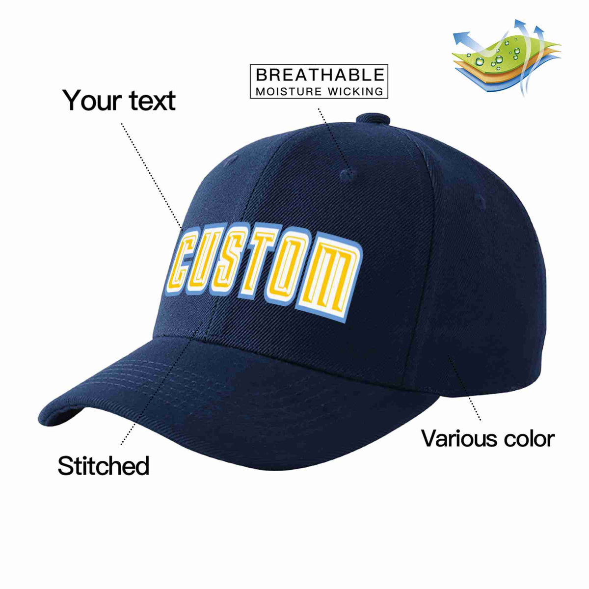 Custom Navy Gold-White Curved Eaves Sport Baseball Cap Design for Men/Women/Youth