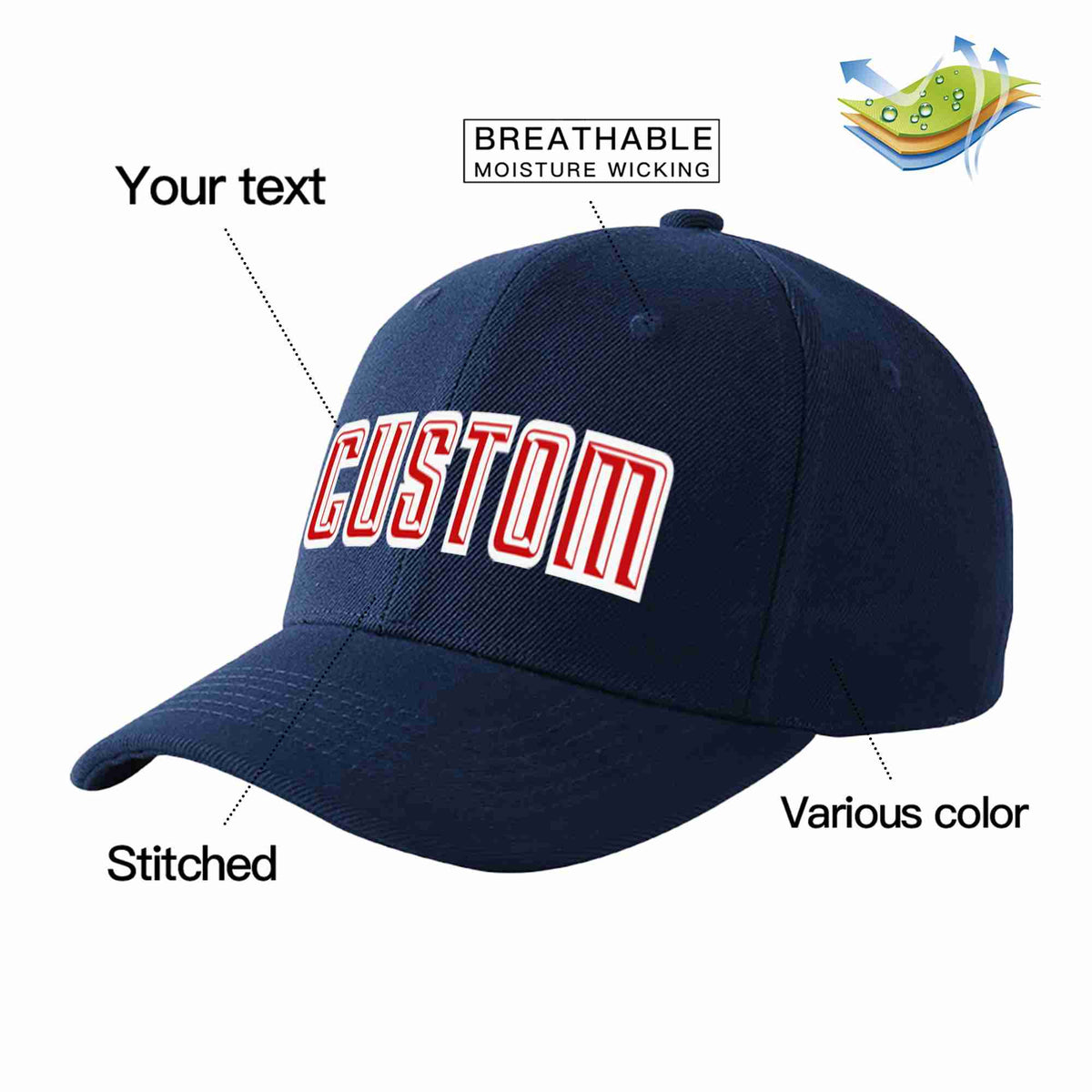 Custom Navy Red-White Curved Eaves Sport Baseball Cap Design for Men/Women/Youth