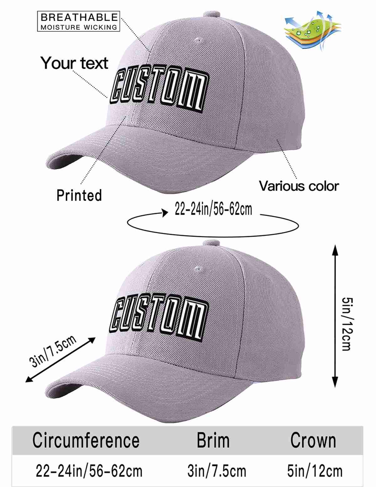 Custom Gray White-Black Curved Eaves Sport Baseball Cap Design for Men/Women/Youth