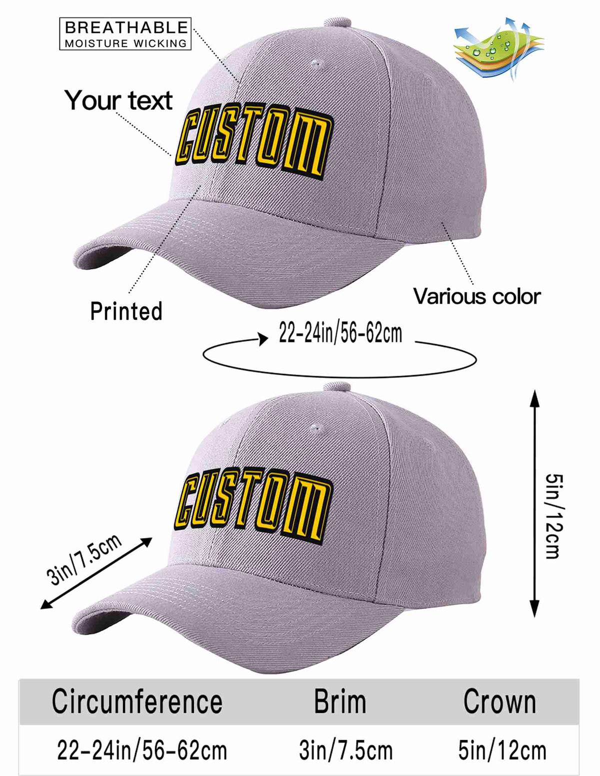 Custom Gray Gold-Black Curved Eaves Sport Baseball Cap Design for Men/Women/Youth