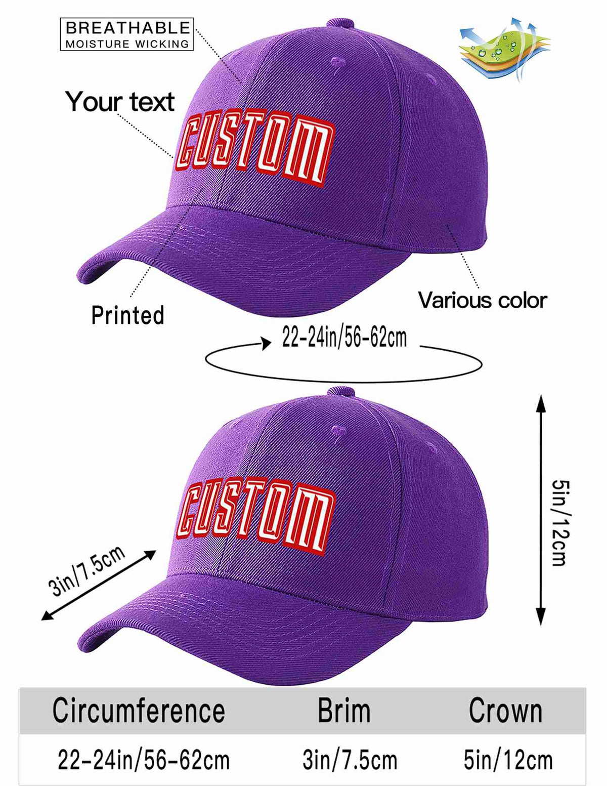 Custom Purple White-Red Curved Eaves Sport Baseball Cap Design for Men/Women/Youth