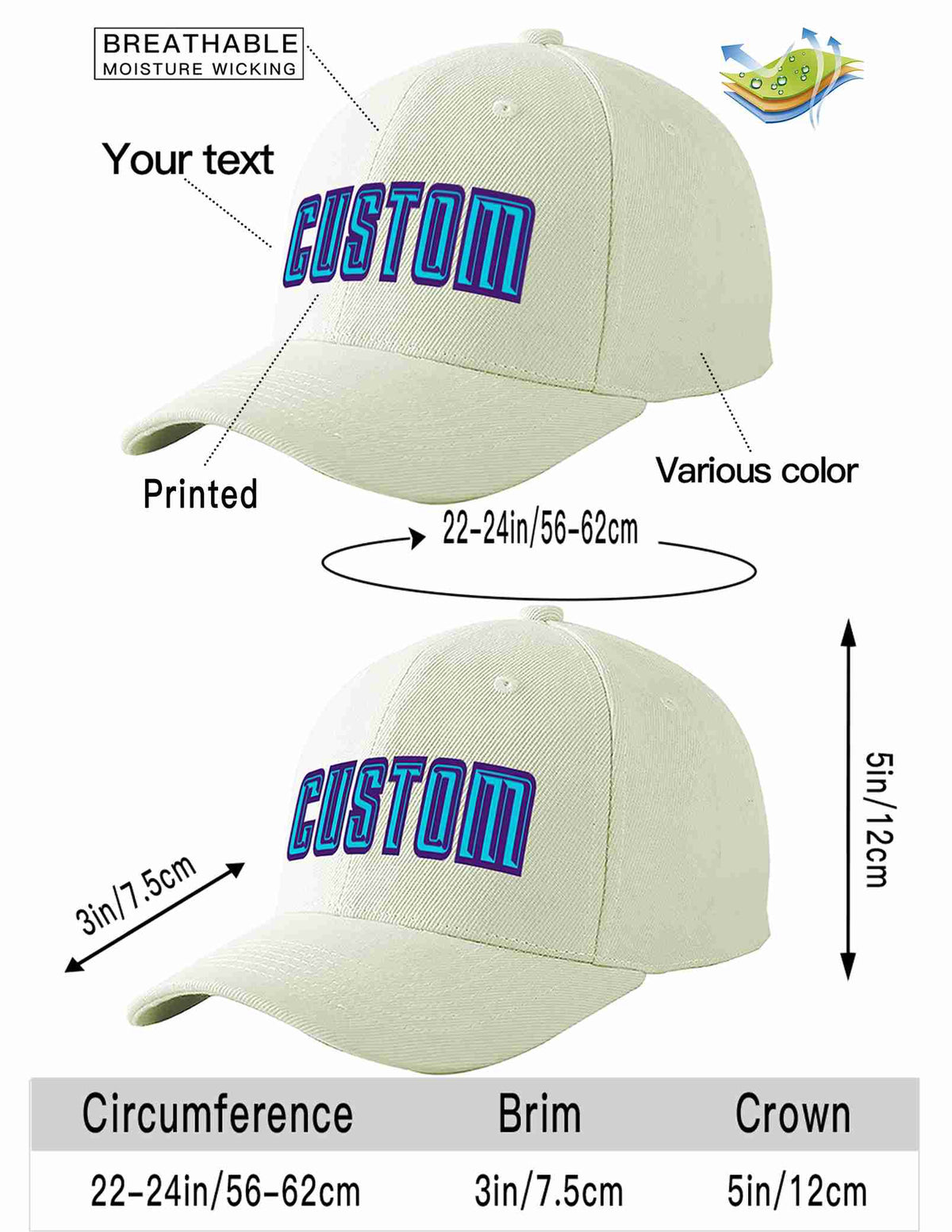 Custom Cream Light Blue-Purple Curved Eaves Sport Baseball Cap Design for Men/Women/Youth