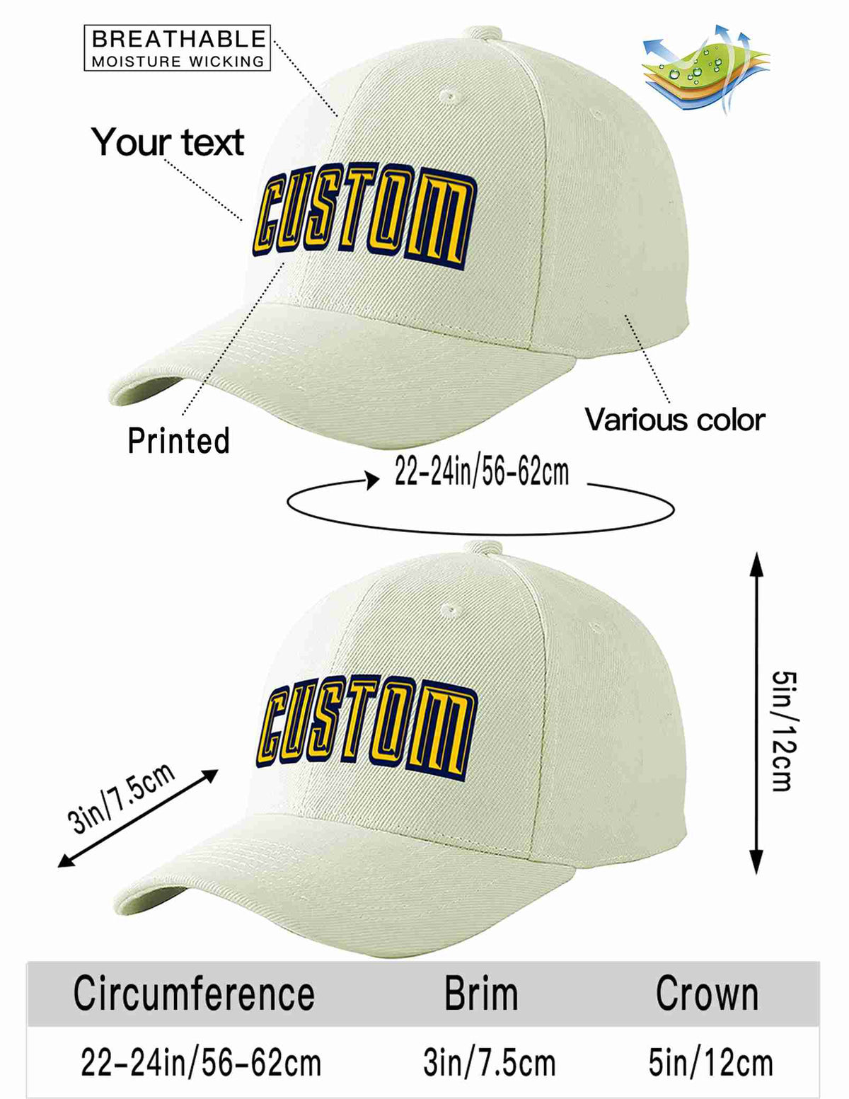 Custom Cream Gold-Navy Curved Eaves Sport Baseball Cap Design for Men/Women/Youth