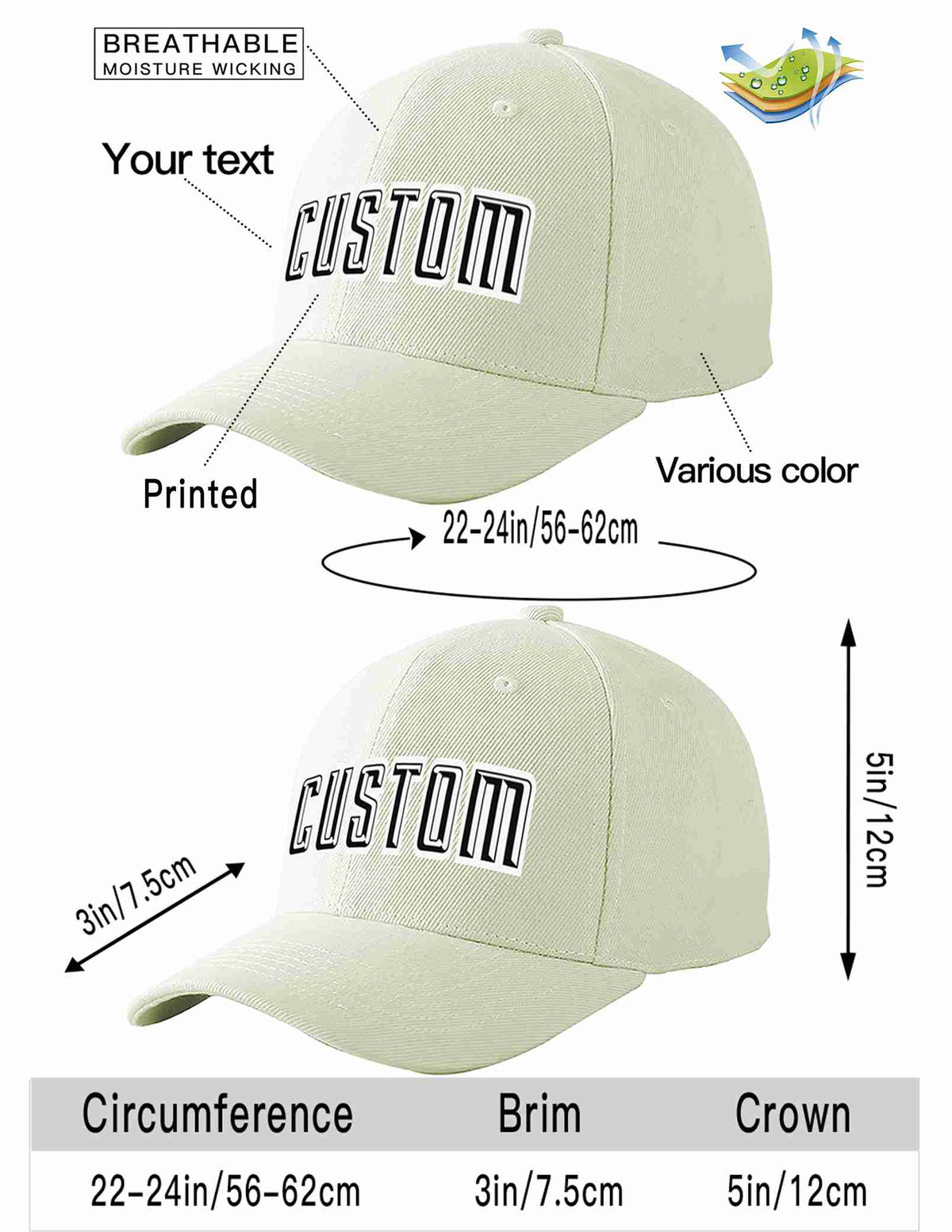 Custom Cream Black-White Curved Eaves Sport Baseball Cap Design for Men/Women/Youth