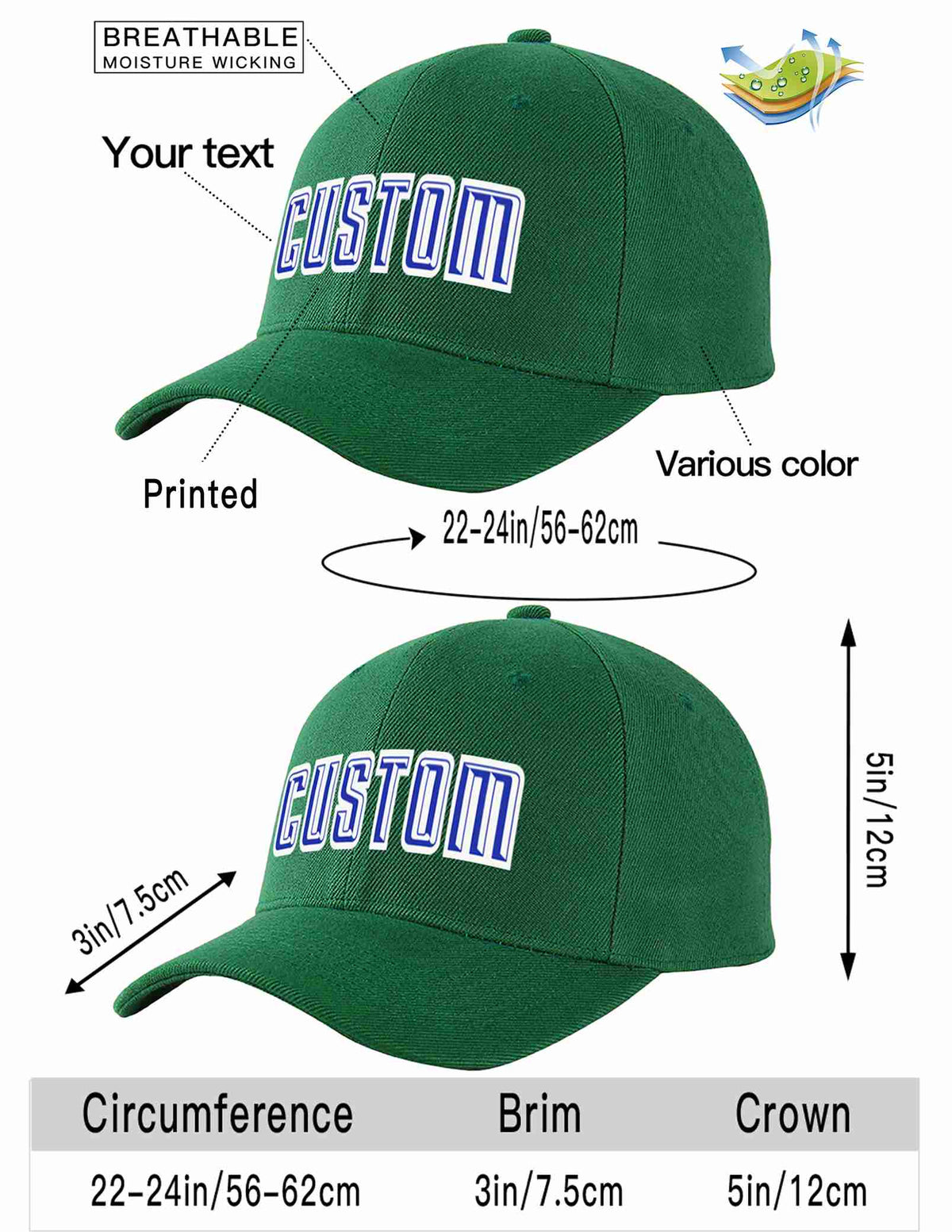 Custom Green Royal-White Curved Eaves Sport Baseball Cap Design for Men/Women/Youth