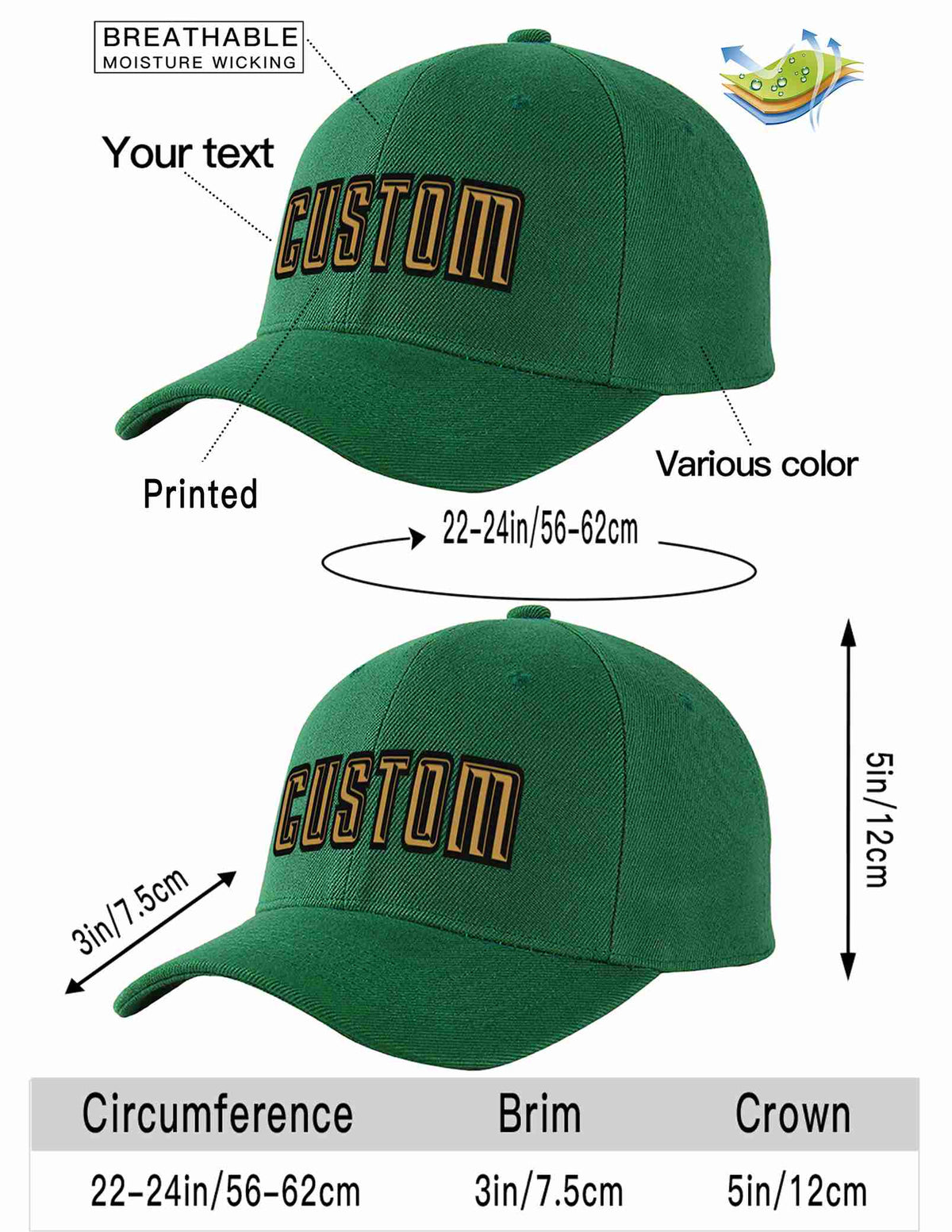 Custom Green Old Gold-Black Curved Eaves Sport Baseball Cap Design for Men/Women/Youth
