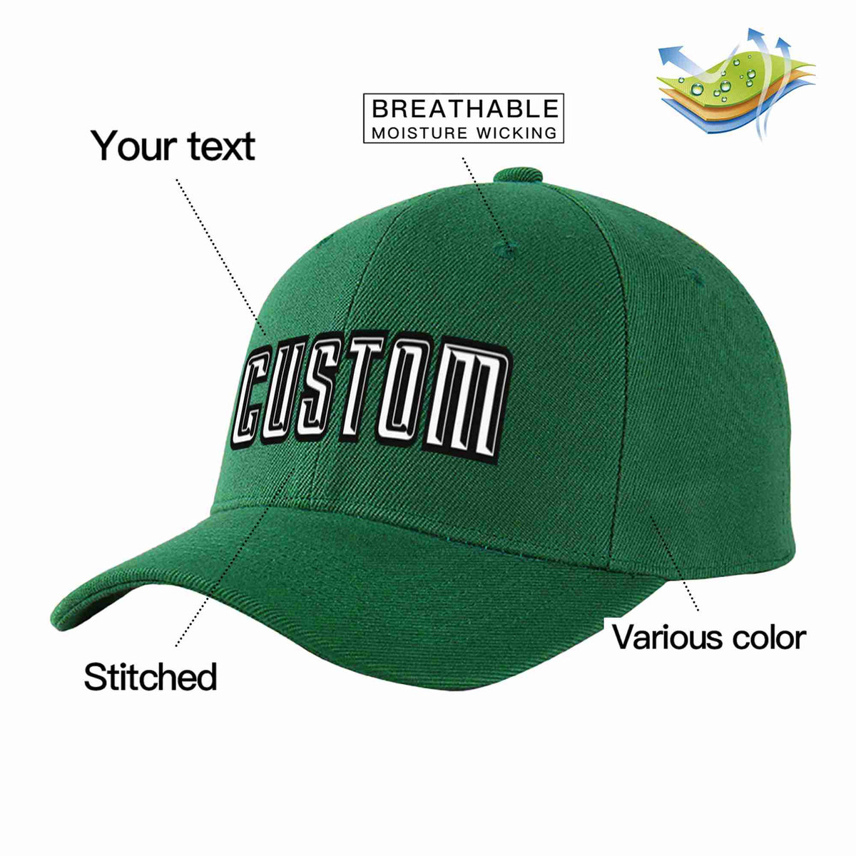 Custom Green White-Black Curved Eaves Sport Baseball Cap Design for Men/Women/Youth