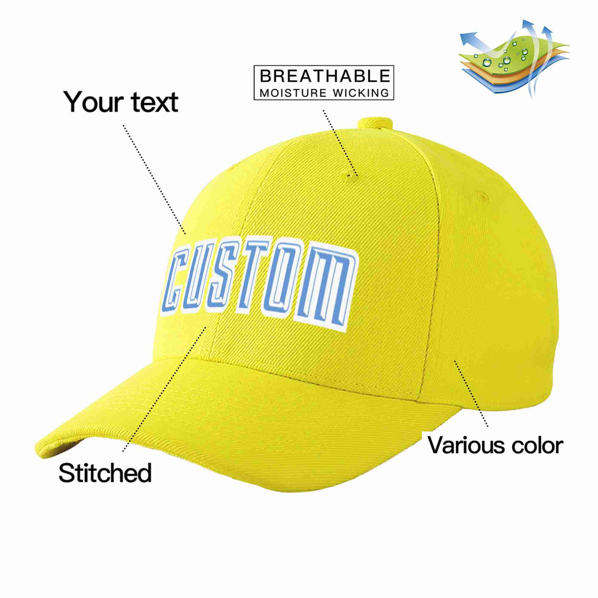 Custom Yellow Light Blue-White Curved Eaves Sport Baseball Cap Design for Men/Women/Youth