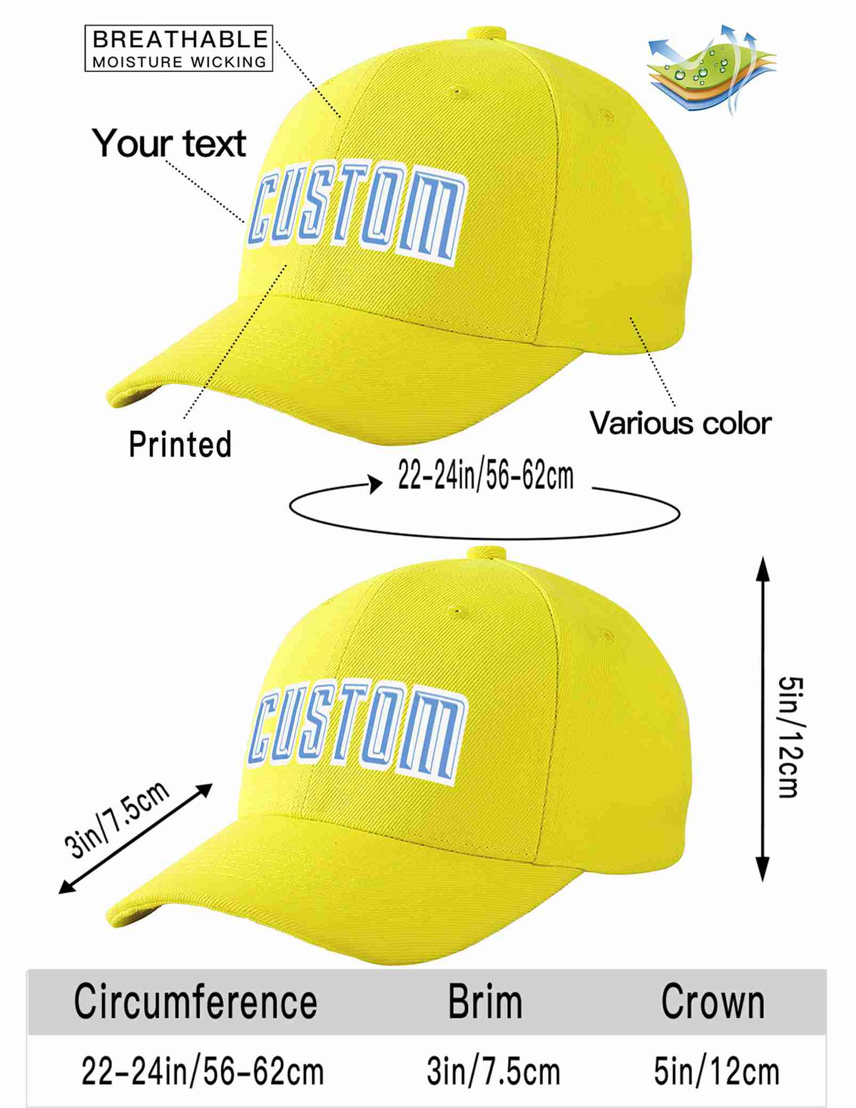 Custom Yellow Light Blue-White Curved Eaves Sport Baseball Cap Design for Men/Women/Youth