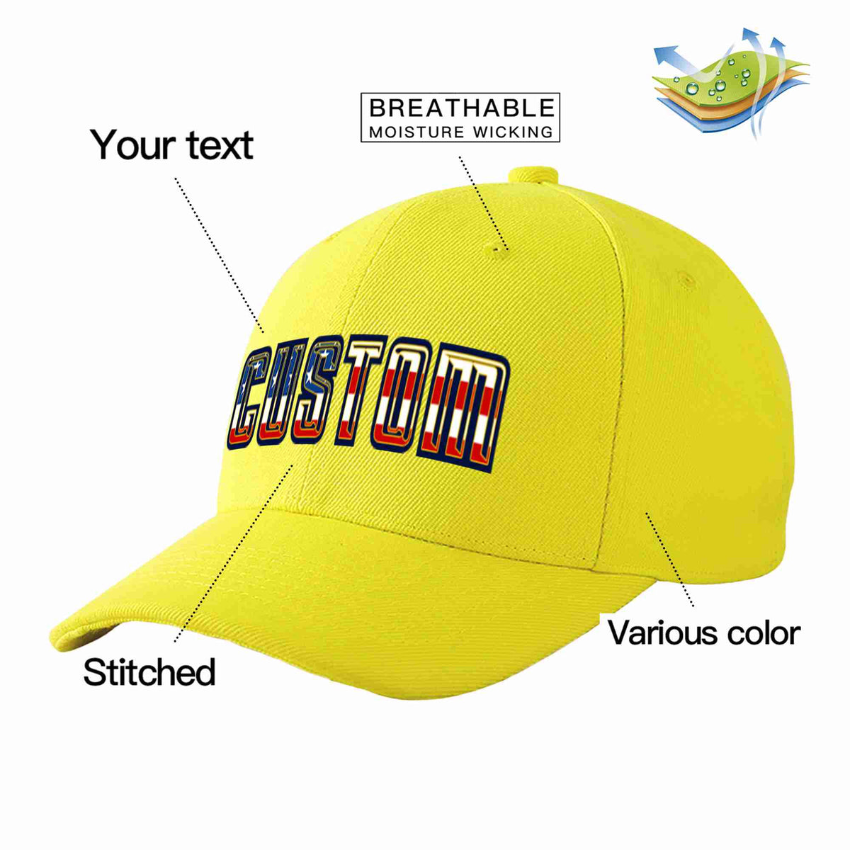 Custom Yellow Vintage USA Flag-Gold Curved Eaves Sport Baseball Cap Design for Men/Women/Youth