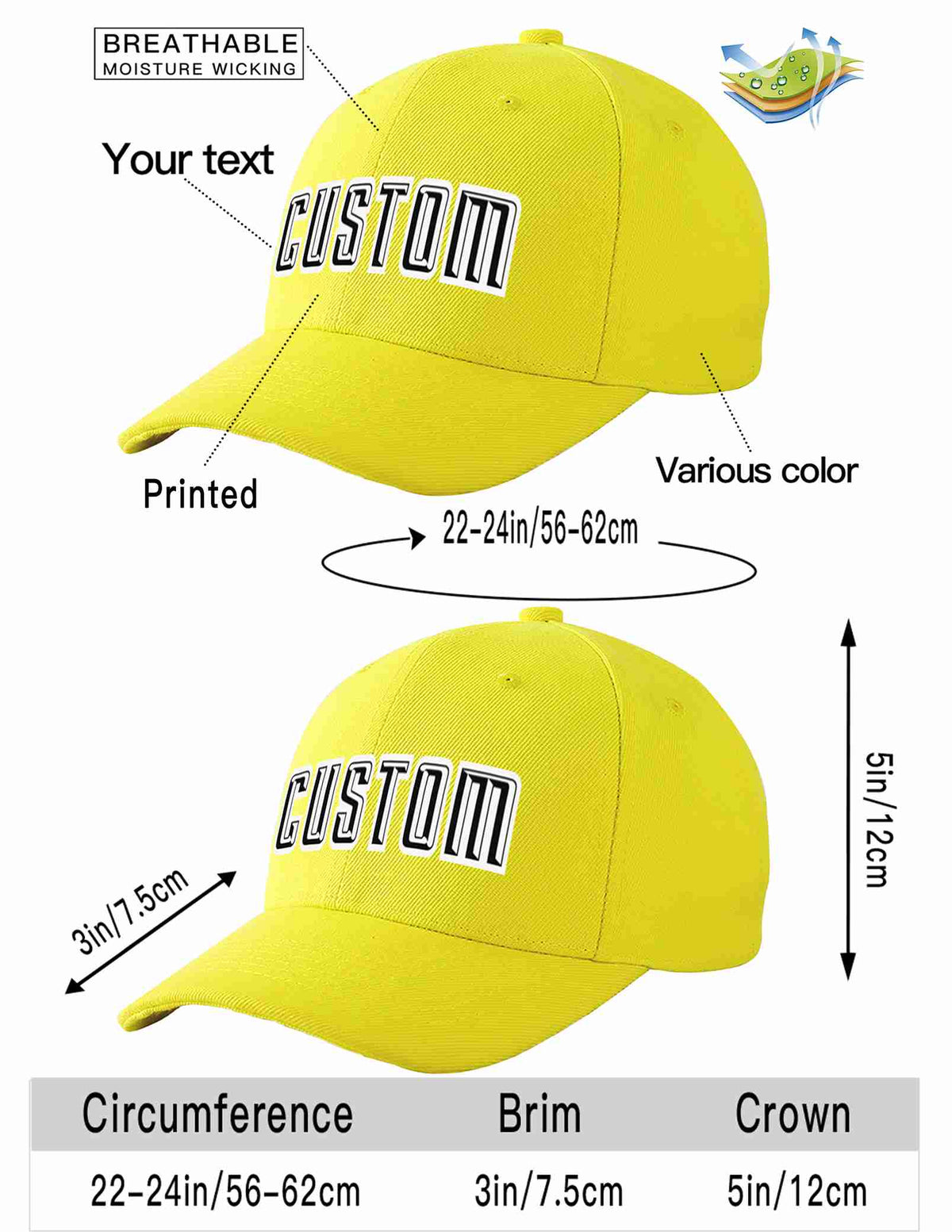 Custom Yellow Black-White Curved Eaves Sport Baseball Cap Design for Men/Women/Youth