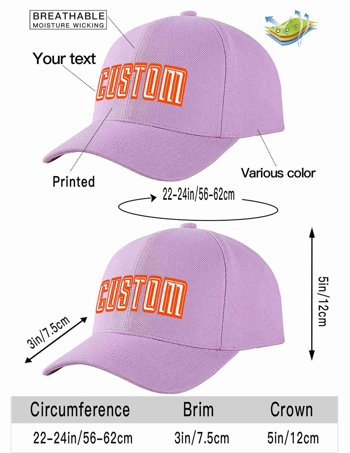 Custom Light Purple White-Orange Curved Eaves Sport Baseball Cap Design for Men/Women/Youth