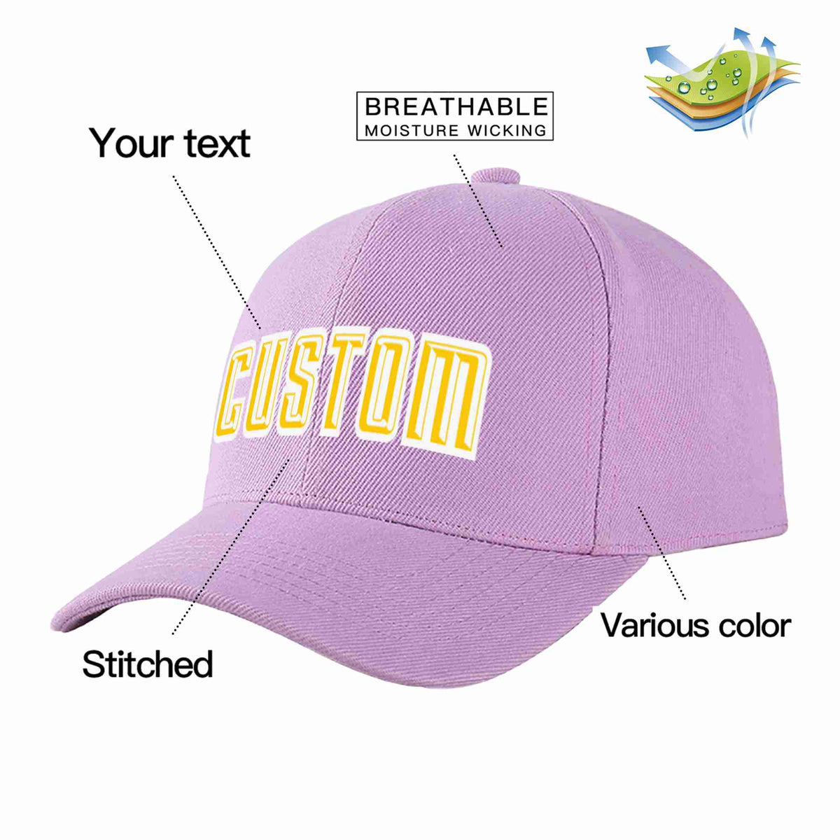 Custom Light Purple Gold-White Curved Eaves Sport Baseball Cap Design for Men/Women/Youth