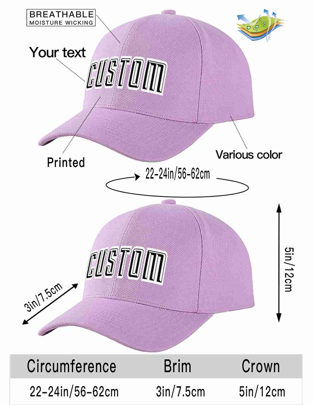 Custom Light Purple Black-White Curved Eaves Sport Baseball Cap Design for Men/Women/Youth