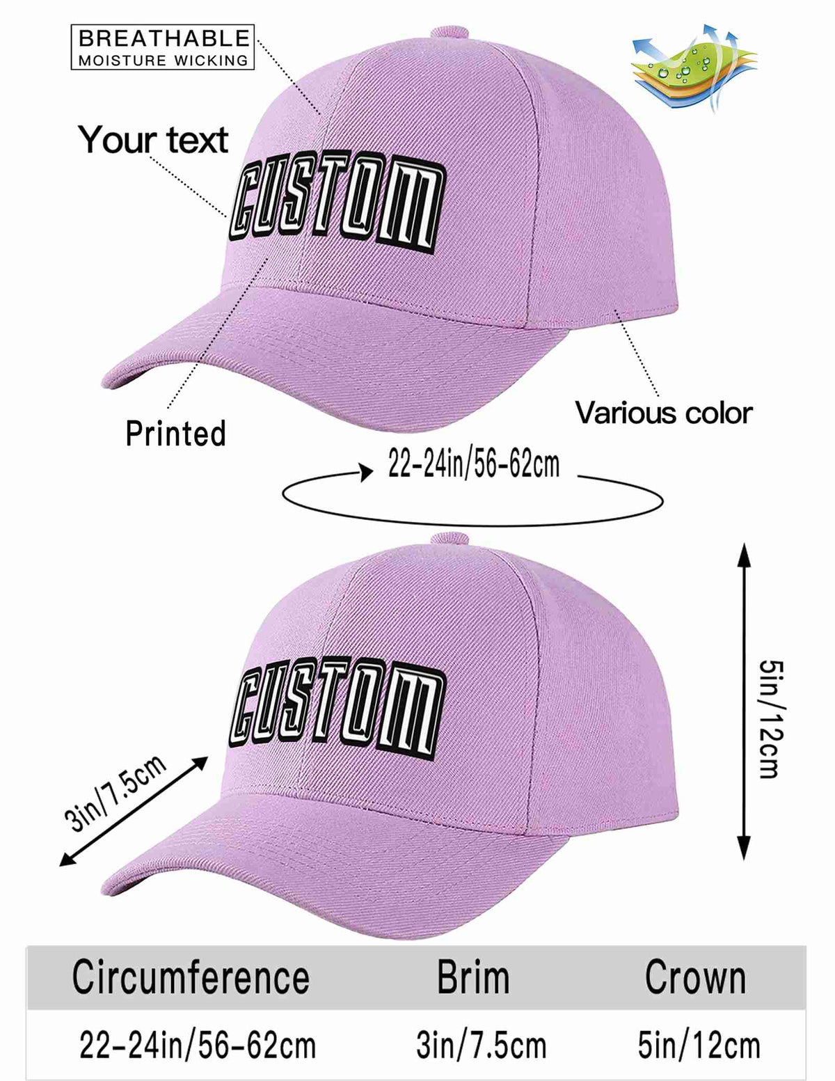 Custom Light Purple White-Black Curved Eaves Sport Baseball Cap Design for Men/Women/Youth
