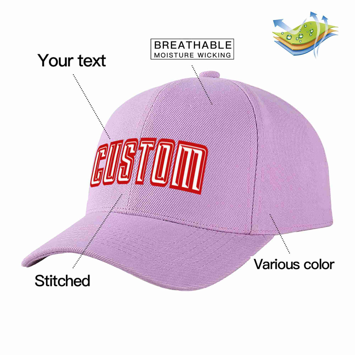 Custom Light Purple White-Red Curved Eaves Sport Baseball Cap Design for Men/Women/Youth