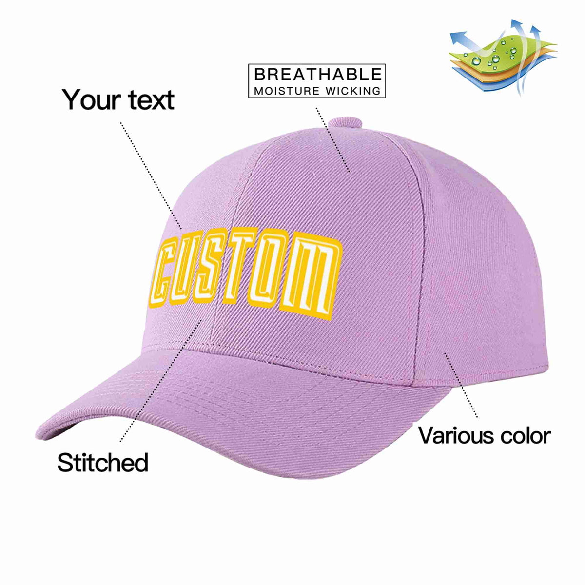 Custom Light Purple White-Gold Curved Eaves Sport Baseball Cap Design for Men/Women/Youth