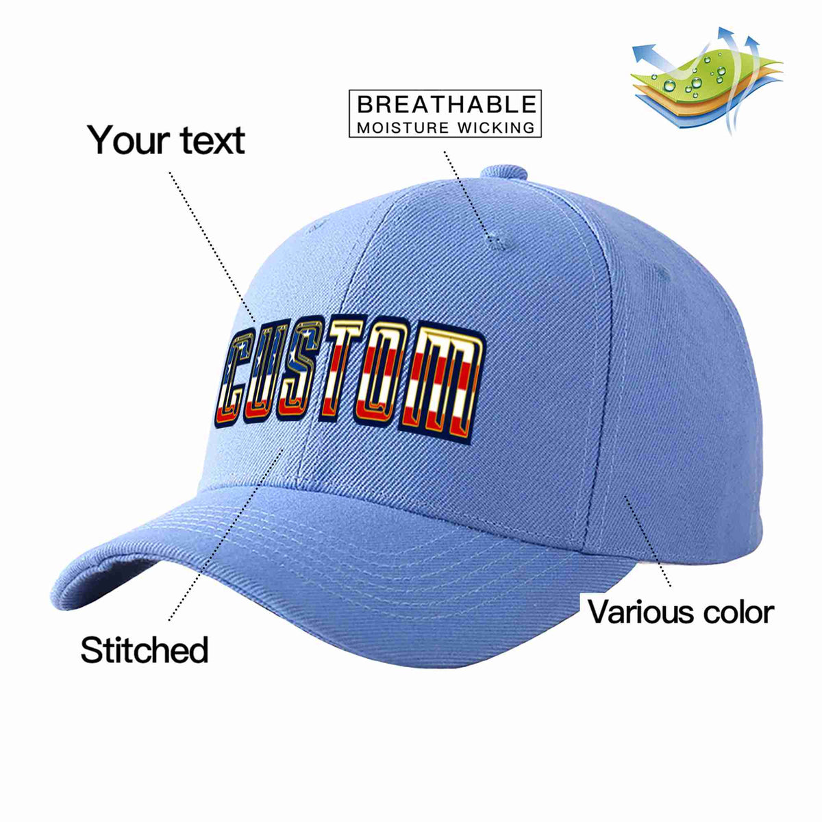 Custom Sky Blue Vintage USA Flag-Gold Curved Eaves Sport Baseball Cap Design for Men/Women/Youth