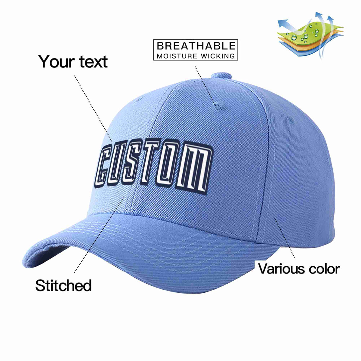 Custom Sky Blue White-Navy Curved Eaves Sport Baseball Cap Design for Men/Women/Youth