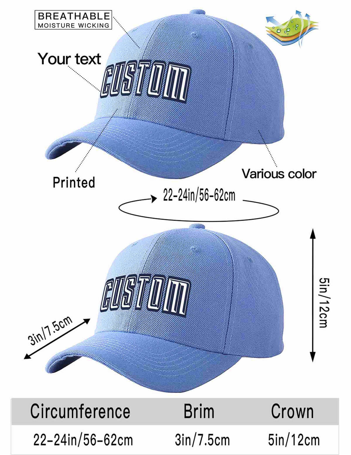 Custom Sky Blue White-Navy Curved Eaves Sport Baseball Cap Design for Men/Women/Youth