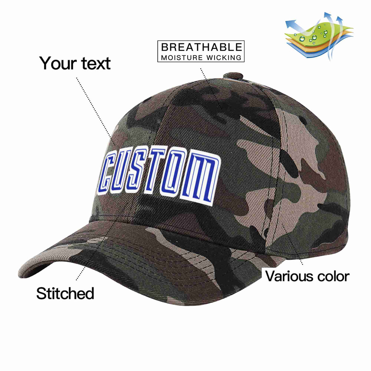 Custom Camo Royal-White Curved Eaves Sport Baseball Cap Design for Men/Women/Youth