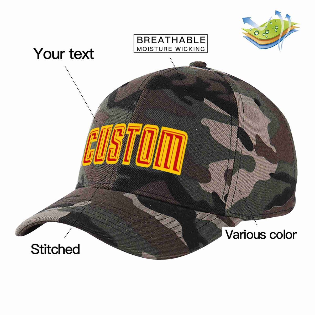 Custom Camo Red-Yellow Curved Eaves Sport Baseball Cap Design for Men/Women/Youth