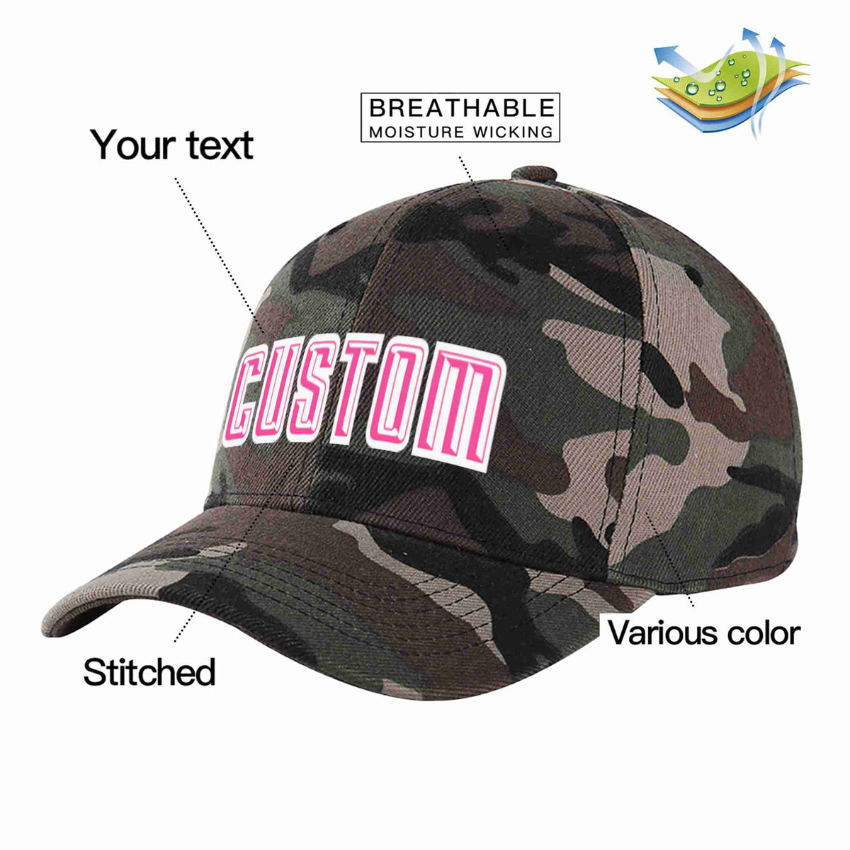 Custom Camo Pink-White Curved Eaves Sport Baseball Cap Design for Men/Women/Youth